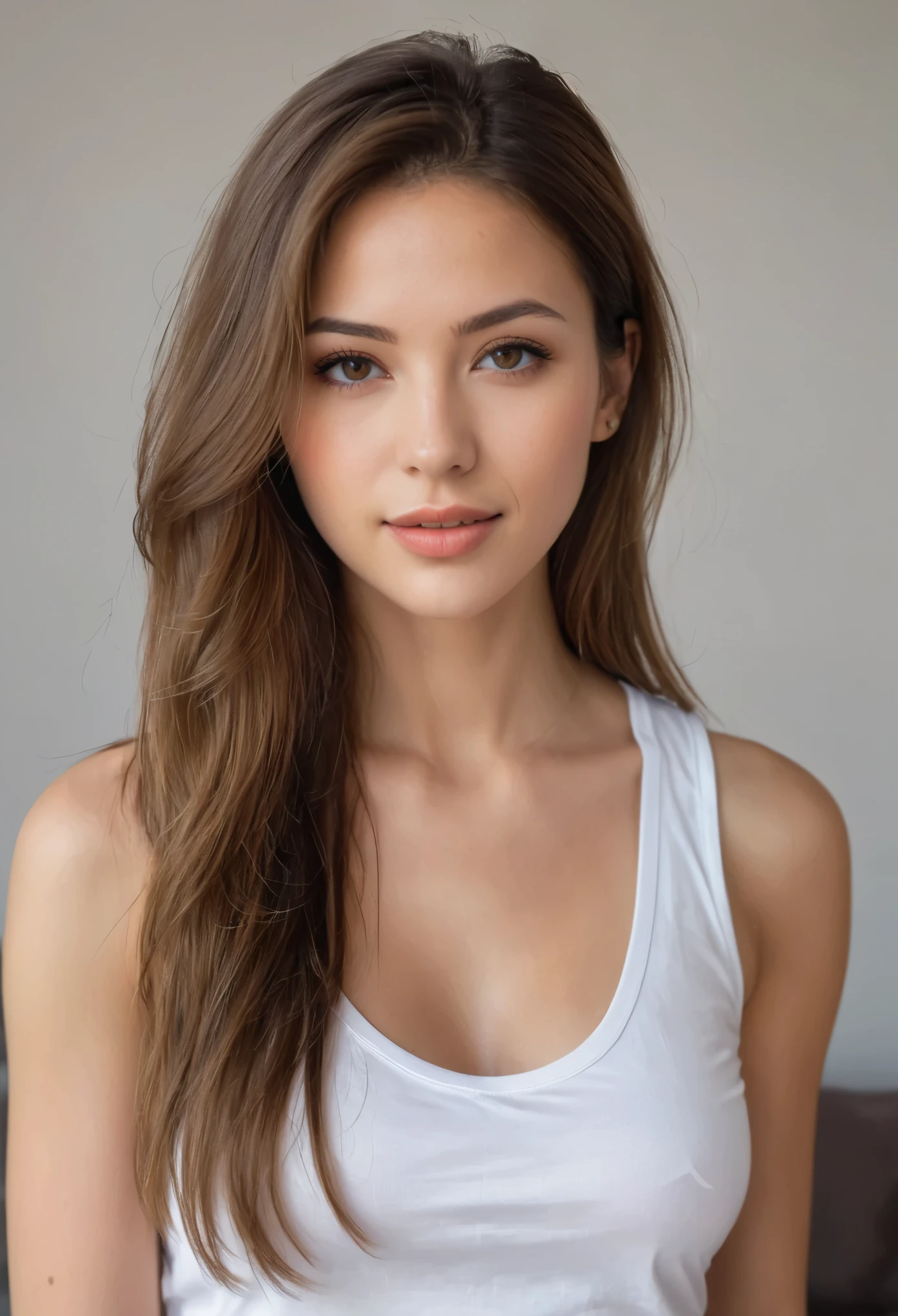 hyper realisti,,aqheodd, realisti style, a woman with Long hair and a white tank top, 1 girl, alone, Long hair, Viewers look at, Brown hair, chemise, brown eyes, Mole above the lip, white chemise, upper body, parted lips, Teeth, lips, portrait, realisti, Detailed, complicated, elegant, light, keen focus, Nice, breath-taking, highly endowed, beach, blue jeans