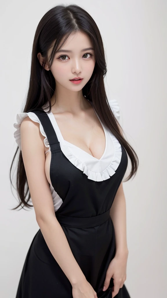 (((forehead、Northern Europe、White people、beautiful girl、Black Hair、White background、apron、sexy、Big Breasts、Frills、)))、table top, highest quality, figure, super detailed, finely, High resolution, 8k wallpaper, Perfect dynamic composition, detailed and beautiful eyes, Deco out,bionde, breasts, Natural color lip,white background, random cute poses,