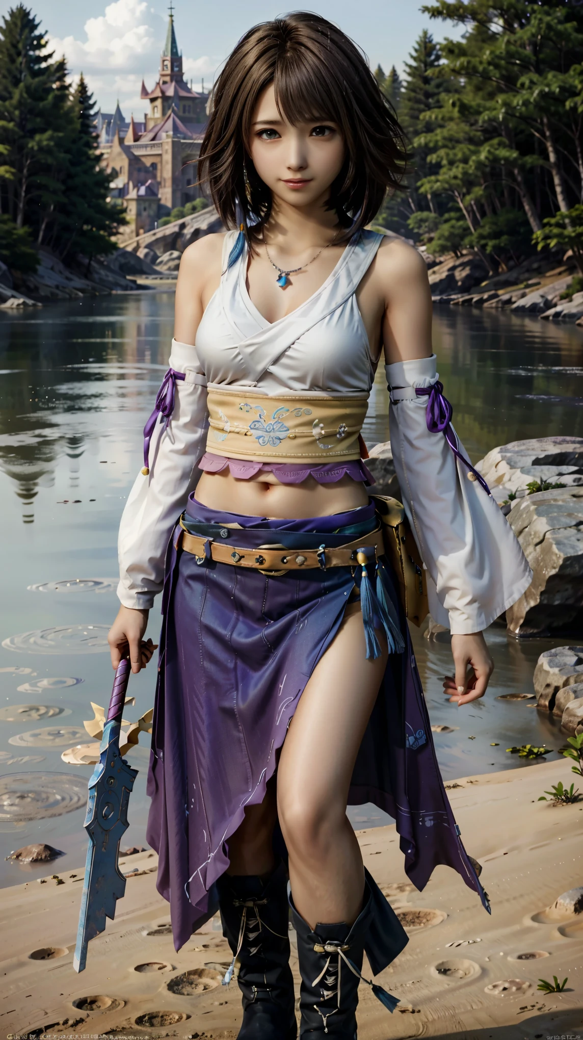 (masterpiece, Highest quality:1.3)
Yuna FF10,  One girl, alone, smile, short hair, blue eyes, skirt, Brown Hair, hair ornaments, jewelry,, Are standing, whole body, boots, Removable sleeves, kimono, Very good, Heterochromia iridis, In the same way, In the same way skirt, blue In the same way, purple In the same way, Yuna (ff10),Backwards、Night view、lake、forest