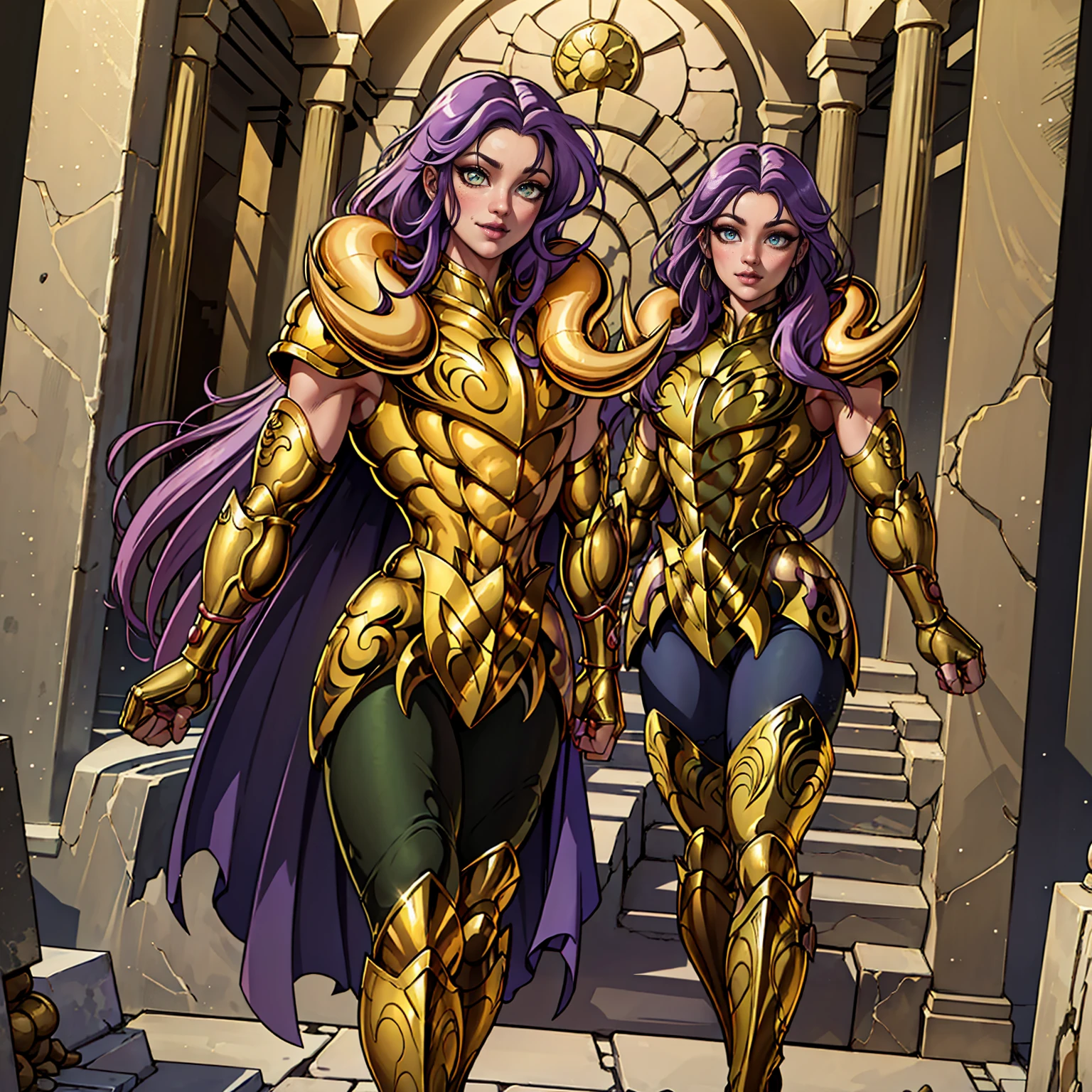 aries, ((long purple hair, glowing green eyes, lipstick, makeup, narrow waist, skinny, medium breasts, alone)), pelvic curtain, ((golden shinning armor, reflection armor)), full body, perfect body, (insanely detailed, beautiful detailed face, masterpiece, best quality) , (((solo))), (((1girl))), (((mature))), (extremely detailed 8k paper CG wall unit: 1.1), (greek ruins background, dusk), (smile face for the viewer), eropose