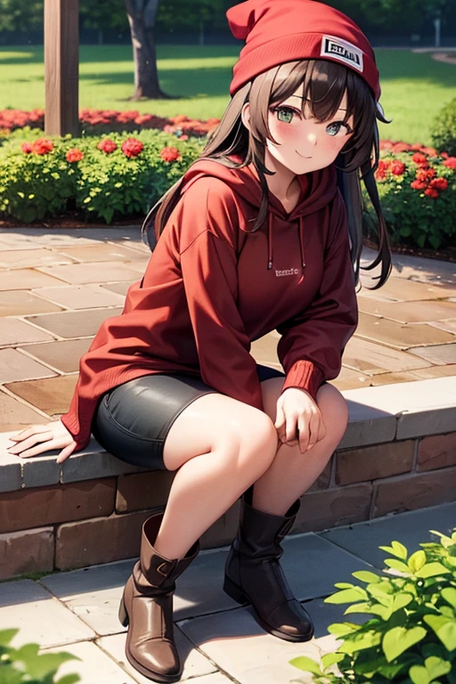 1girl, woman, red hoodie, tight midi pencil skirt (black), long brown hair, looking at viewer, full body, smile, blush, boots, garden, fall, beanie