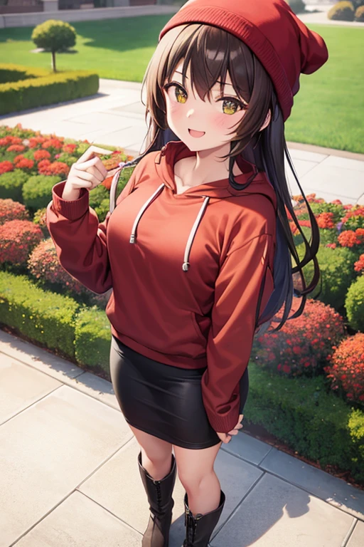 1girl, woman, red hoodie, tight midi pencil skirt (black), long brown hair, looking at viewer, full body, smile, blush, boots, garden, fall, beanie