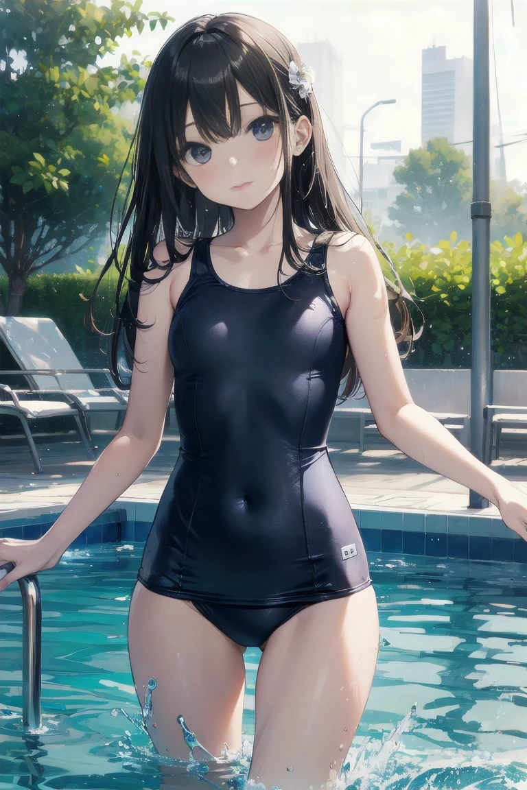 high quality、最high quality、Ultra-high resolution、Slender beauty、School Swimsuit、Embarrassed look、Pleasant expression、Droopy eyes、Pool、Splash、Water Splash