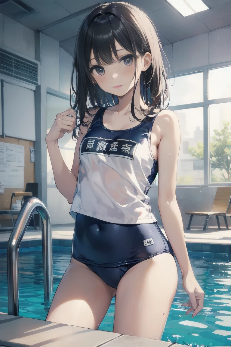 high quality、最high quality、Ultra-high resolution、Slender beauty、School Swimsuit、Embarrassed look、Pleasant expression、Droopy eyes、Pool、Splash、Water Splash