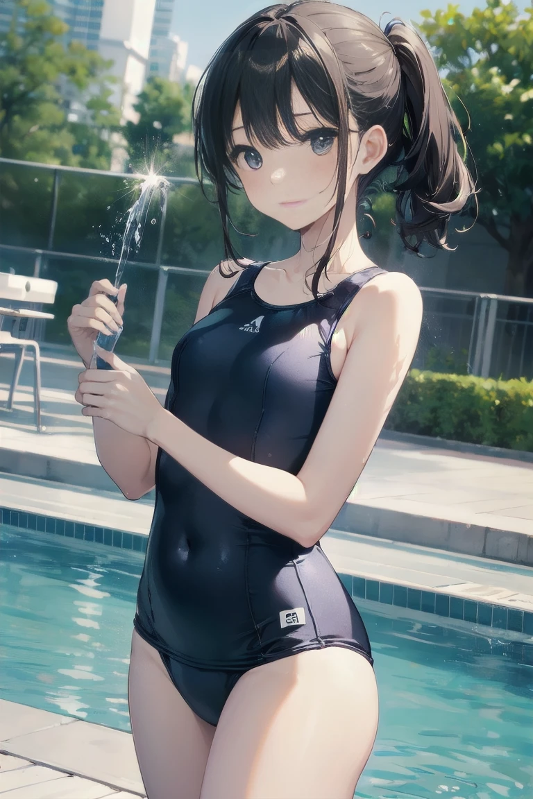high quality、最high quality、Ultra-high resolution、Slender beauty、School Swimsuit、Embarrassed look、Pleasant expression、Droopy eyes、Pool、Splash、Water Splash