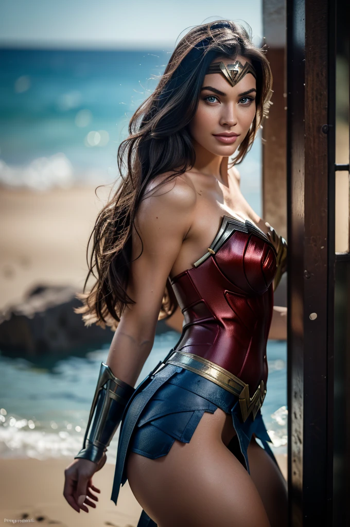 a beautiful woman, pale skin, Megan fox ((Dressed as Wonder Woman)) Realistic (blue eyes), (She is smiling: 1.1), perfect face, split lips, (Best quality, 8k, Masterpiece: 1.3), hands perfect, clear focus: 1.2, perfect body beauty: 1.4, thin abdomen: 1.2, highly detailed face and skin texture, detailed eyes, (natural straight black hair,) standing, heroic pose, highly detailed, 28 years old, Innocent face , high resolution, Artwork, best quality, high and intricate details, highly detailed, sharp focus, detailed skin, realistic skin texture, texture, detailed eyes, Professional, 4K, charming smile, shot in canon, 85mm, depth shallow field, kodak vision color, perfect body fit, extremely detailed, photography_\(ultra\), photorealistic, realistic, Post-processing, maximum detail, roughness, Real life, ultra realistic, photorealism, photography, 8k hd, photograph, she is on an island
