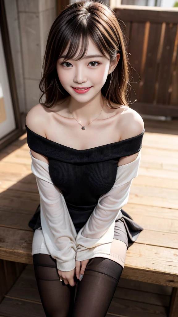 1 girl, Extremely bright backlight, Solitary, {Beautiful and delicate eyes}, Large Breasts, Dazzling, Calm expression, Natural soft light, Hair blowing in the breeze, Exquisite facial features, Bangs, Beautiful Korean girl, With a smile in the eyes, Very small earrings, (She was wearing a tight mini dress,Off-shoulder_skirt,Black pantyhose:1.3),necklace,,23 years old, Film Grain, Real Hand,Shy laugh,Shooting from above the knee,Sexy pose
