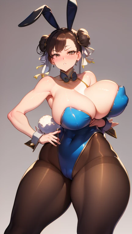 Chun li has large breasts and is wearing her bunny suit