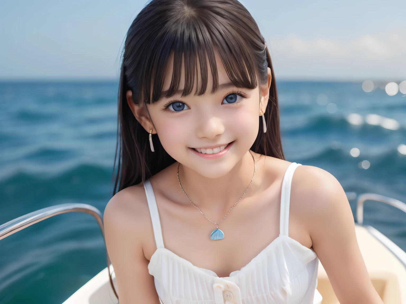 Small breasts、Earrings、necklace、Beautiful glowing white skin,、 bright, Refreshing and gentle look, Perfect beautiful pretty face, Shiny, straight, long hair down to the waist, Beautiful shiny bangs, （（Very beautiful and beautiful４Year old girl））, eyeliner, so perfect and beautiful, Big clear sky blue eyes, bright eye highlights、Baby Face、Cute smile、Long eyelashes、Low waist、Low rise、Ocean、On the boat、Have a bold pose、Being at the edge of the waves、She is looking down from above、hot pants、16ｋ、Highest quality、