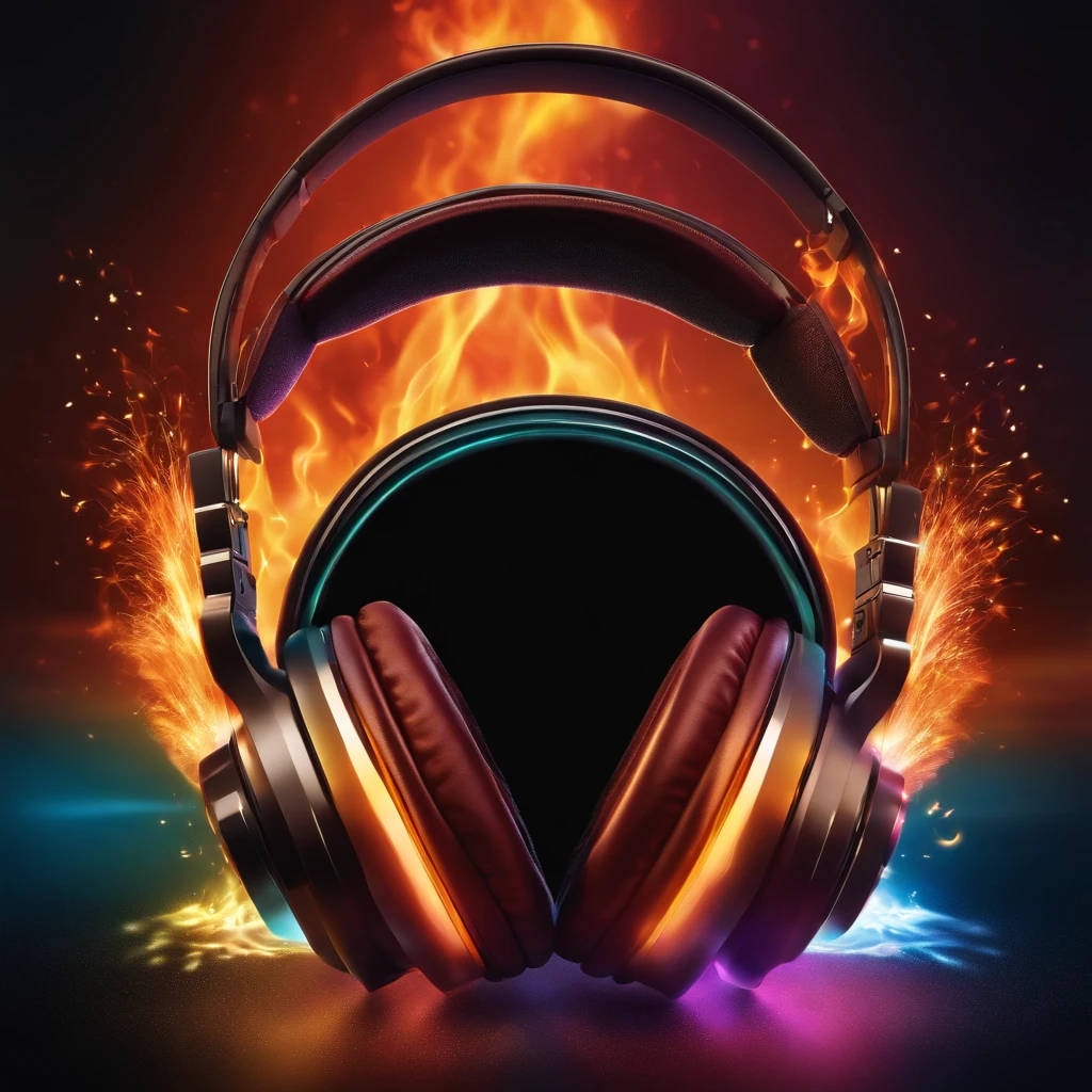 A vibrant explosion of fiery colors erupting behind a pair of headphones, with sparks flying and flames dancing in the background. The headphones themselves are adorned with a mesmerizing and intricate design, adding to the overall dynamic and energetic feel of the image