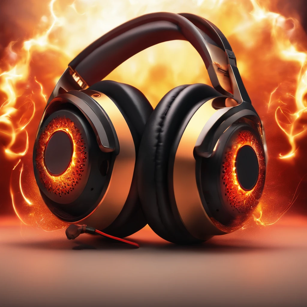 A vibrant explosion of fiery colors erupting behind a pair of headphones, with sparks flying and flames dancing in the background. The headphones themselves are adorned with a mesmerizing and intricate design, adding to the overall dynamic and energetic feel of the image