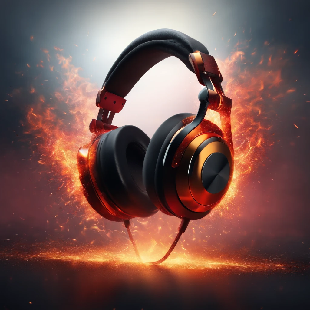 A vibrant explosion of fiery colors erupting behind a pair of headphones, with sparks flying and flames dancing in the background. The headphones themselves are adorned with a mesmerizing and intricate design, adding to the overall dynamic and energetic feel of the image