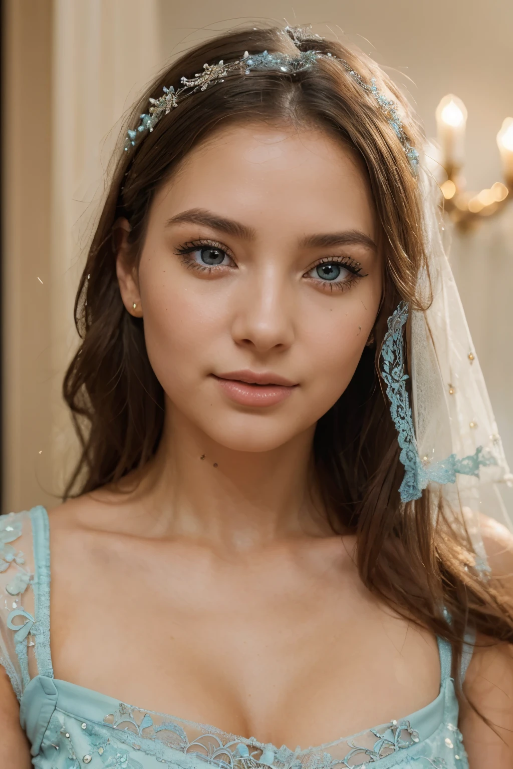 A stunningly beautiful girl, clad in a delicate pastel blue dress, adorned with intricate lace details, her radiant skin glowing with a natural warmth, capturing the essence of youthful elegance. Her sparkling azure eyes sparkle with life, embellished with perfectly applied makeup, accentuating her captivating facial features. The image is captured in the highest resolution, showcasing every detail with unparalleled clarity and depth, creating an exquisite masterpiece that leaves an enduring impression.