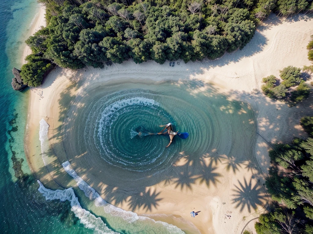 [[((Aerial drone shot of the beautiful late afternoon beach in Siargao:1.6)), with golden sands and gentle waves. The scene is bathed in the warm glow of the setting sun, creating a serene and picturesque atmosphere. In the foreground, an ((attractive young Filipina woman with a captivating presence, embodying the essence of Allurist:1.6)), is walking gracefully along the shoreline, wearing a stylish sarong and sunglasses. The focus is on the expansive beach view, with the woman adding a touch of elegance and tranquility. The image should be in ((8K resolution:1.5)) with ((hyper-realistic detail:1.6)). The scene captures the essence of a serene beach walk in Siargao.]]