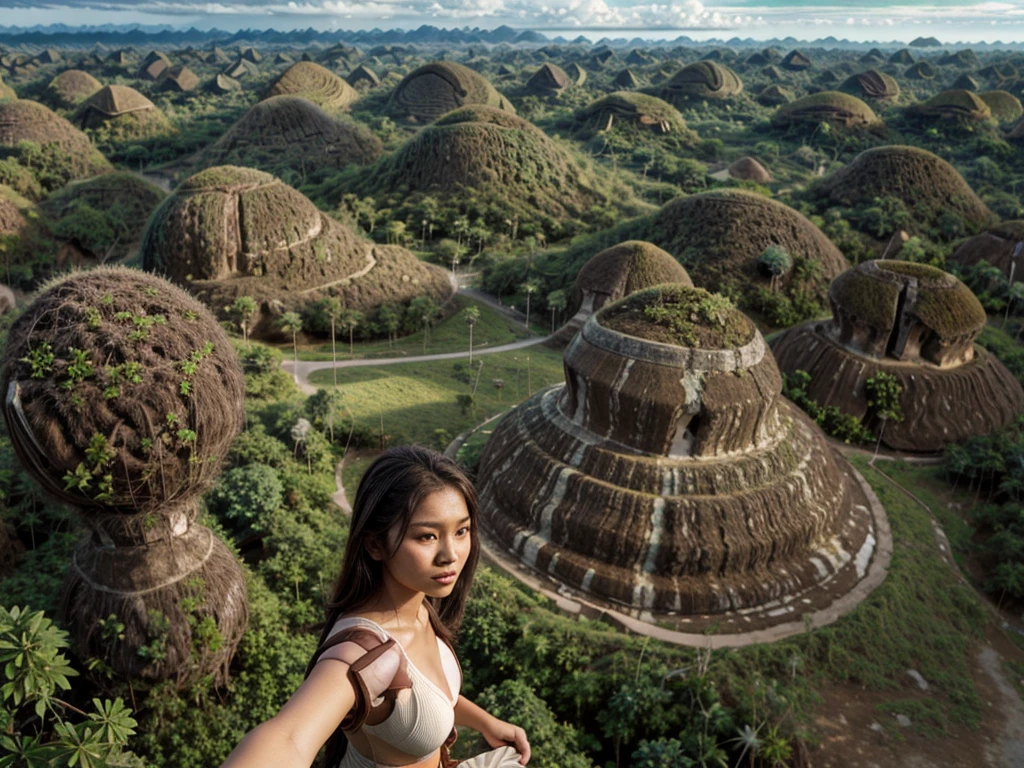 [[((Wide-angle aerial shot of the iconic Chocolate Hills in Bohol:1.6)), with their unique, rounded formations and lush greenery. The scene is set in the late afternoon with soft, natural lighting enhancing the beauty of the landscape. In the foreground, an ((attractive young Filipina woman with a captivating presence, embodying the essence of Allurist:1.6)), is exploring the area, dressed in comfortable and stylish travel attire. She is walking along a path, looking out over the hills with a sense of wonder and adventure. The focus is on the breathtaking landscape, with the woman adding a touch of human presence and adventure. The image should be in ((8K resolution:1.5)) with ((hyper-realistic detail:1.6)). The scene captures the essence of travel and exploration in the Chocolate Hills.]]