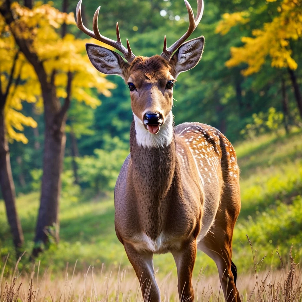 Create an imaginative and eye-catching image of a deer facing forward with its tongue playfully sticking out. The image should be unique and creative, designed to stand out as a thumbnail. Use vibrant colors and a whimsical style to make the scene captivating and engaging. The background should complement the deer's playful expression, adding to the overall fun and distinctive feel of the image.