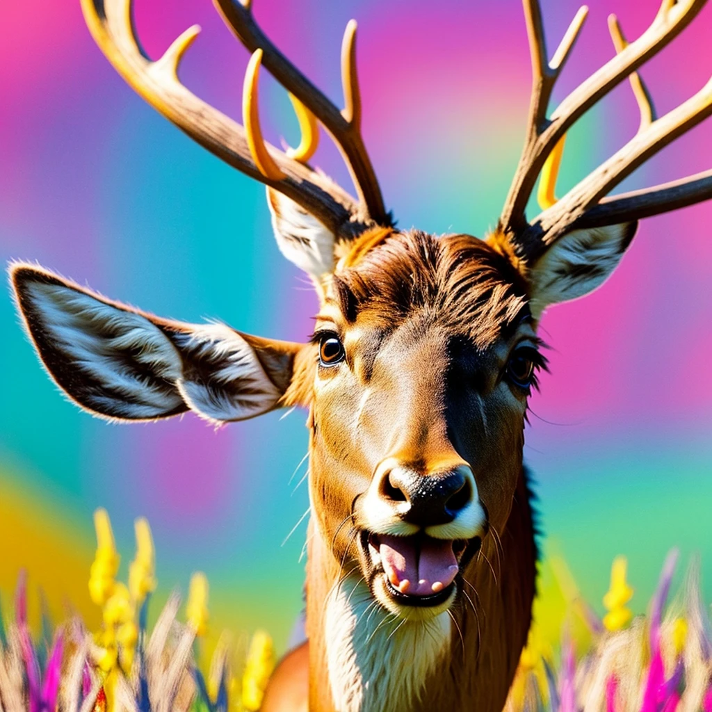 Create an imaginative and eye-catching image of a deer facing forward with its tongue playfully sticking out. The image should be unique and creative, designed to stand out as a thumbnail. Use vibrant colors and a whimsical style to make the scene captivating and engaging. The background should complement the deer's playful expression, adding to the overall fun and distinctive feel of the image.