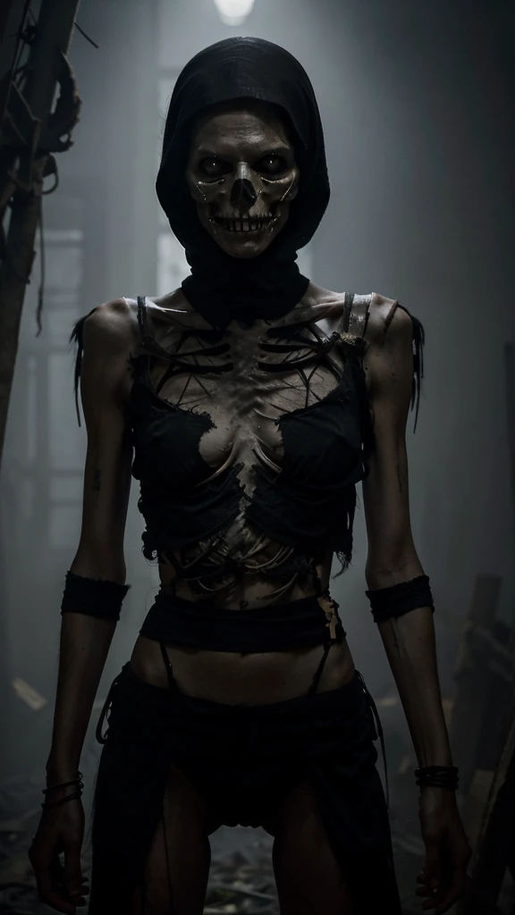 "Tall, skeletal figure, Wearing tattered clothes, with shining eyes and a sinister smile, in a dark and foggy environment."
