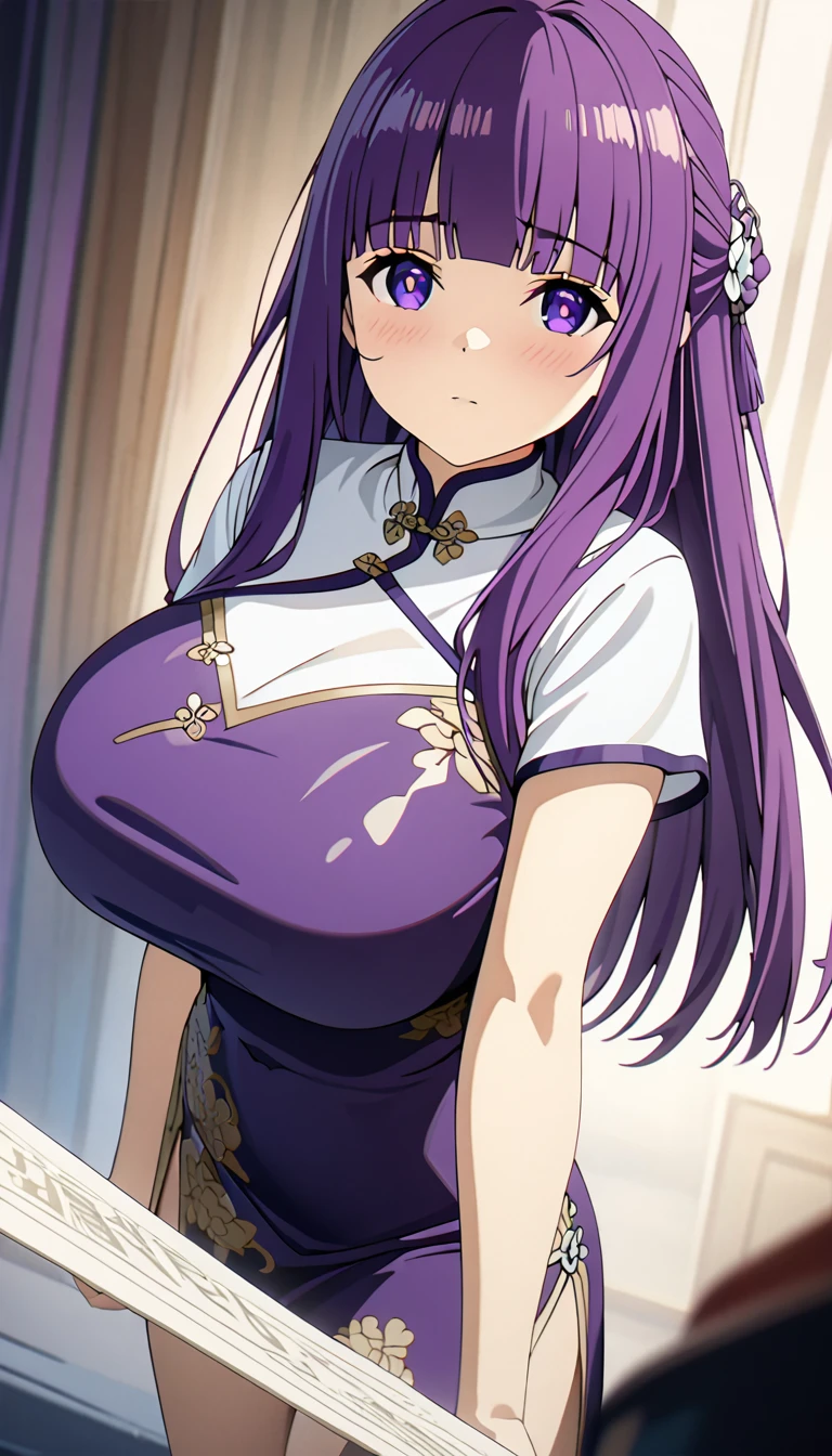 Cheongsam Girl，Half Up,Purple Hair,Purple eyes,Long Hair，Blunt bangs,cowboy shot,Pure white background，Big Breasts,Depth of written boundary，Calf Level View，Overclocked Renderer，Cinema Lighting，masterpiece,Ultra-fine，Very detailed，complicated，Cinematic Perspective，CG Art，Looking at me,