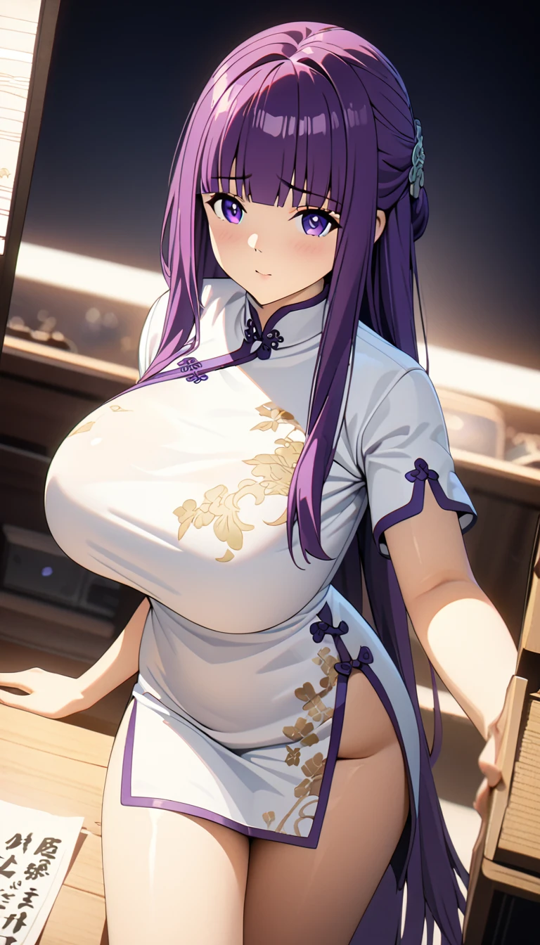 Cheongsam Girl，Half Up,Purple Hair,Purple eyes,Long Hair，Blunt bangs,cowboy shot,Pure white background，Big Breasts,Depth of written boundary，(Low angle view:0.9)，Calf Level View，Overclocked Renderer，Cinema Lighting，masterpiece,Ultra-fine，Very detailed，complicated，Cinematic Perspective，CG Art，Looking at me,