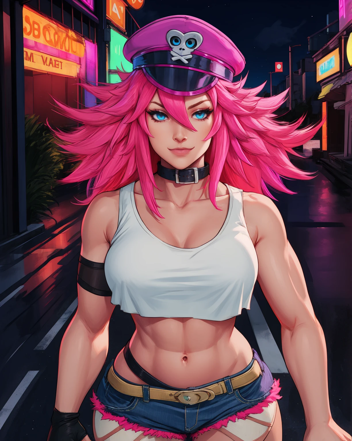 poison,pink hair,blue eyes,longt hair,white crop top,single elbow glove,collar,short shorts,
peaked cap,
upper body,standing,smile,looking at viewer,
night,neon lights,streets,
(insanely detailed, masterpiece, best quality),solo,