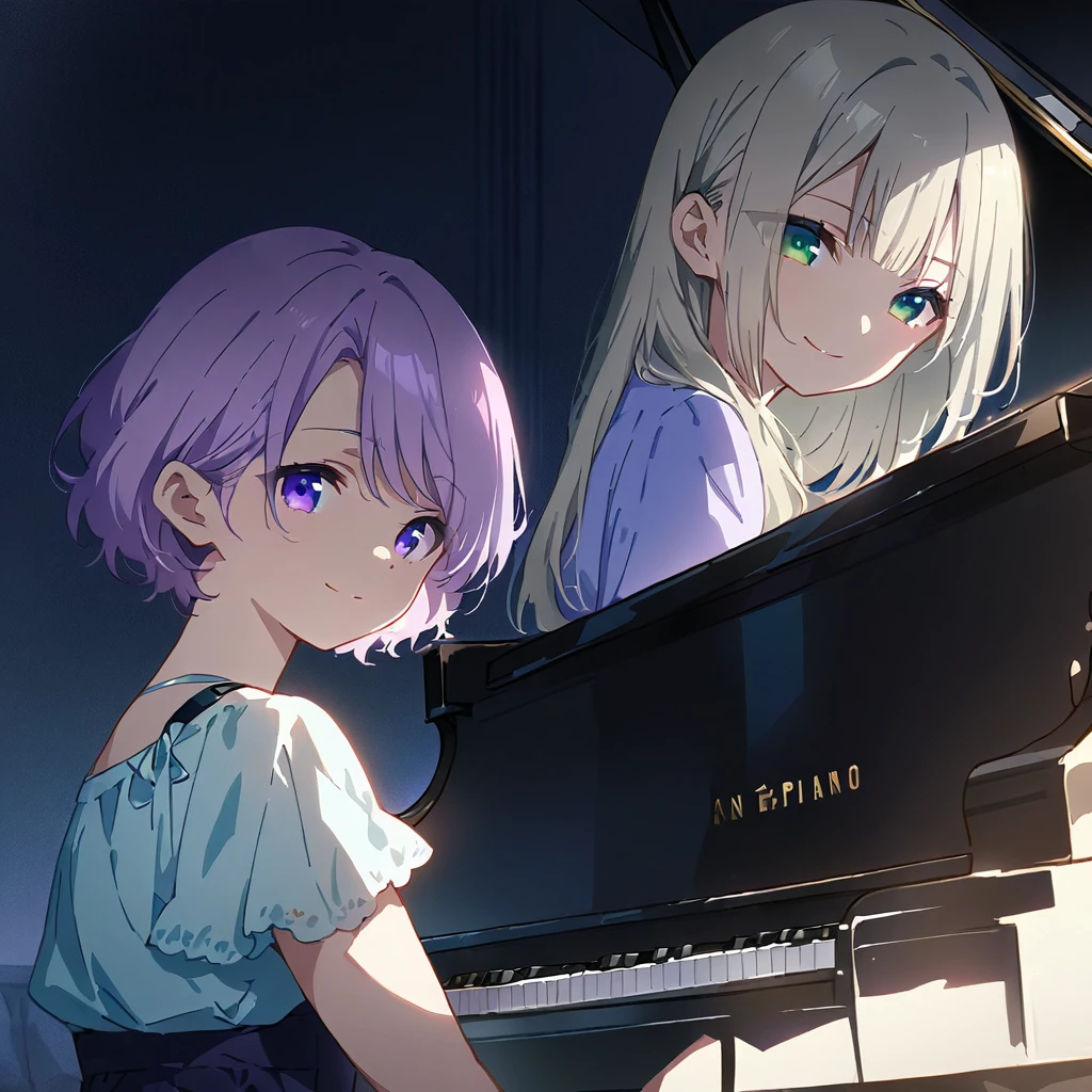 (masterpiece:1.3), anime visual, extremely delicate face, soft clean focus, realistic lighting and shading, (an extremely delicate and beautiful art:1.3),
Two girls,from side,look at viewer, one piano,Two girls are sitting side by side at a piano duet, one girl with pale purple hair and green eyes, other girl with silver hair and blue eyes, smiling,