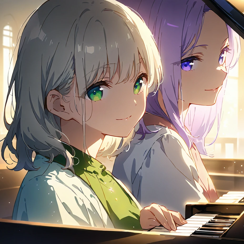 (masterpiece:1.3), anime visual, extremely delicate face, soft clean focus, realistic lighting and shading, (an extremely delicate and beautiful art:1.3),
Two girls,from side,look at viewer, one piano,Two girls are sitting side by side at a piano duet, one girl with pale purple hair and green eyes, other girl with silver hair and blue eyes, smiling,