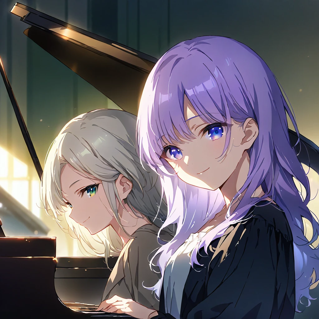 (masterpiece:1.3), anime visual, extremely delicate face, soft clean focus, realistic lighting and shading, (an extremely delicate and beautiful art:1.3),
Two girls,from side,look at viewer, one piano,Two girls are sitting side by side at a piano duet, one girl with pale purple hair and green eyes, other girl with silver hair and blue eyes, smiling,