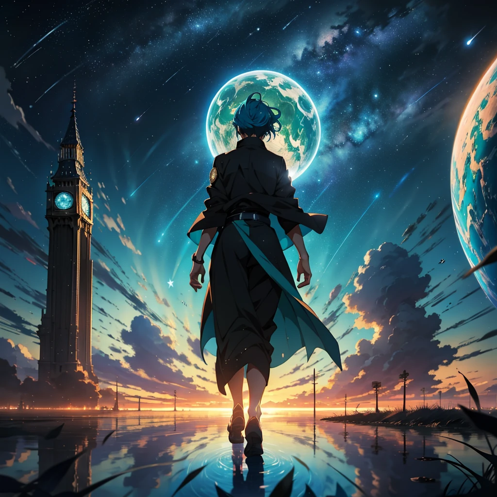 Beautiful sky anime scene with stars and planets, Space Sky. by Makoto Shinkai, anime art wallpaper 4k, 1 teal-haired woman, anime art wallpaper 4k, Anime Art Wallpapers 8K, anime wallpaper 4k, anime wallpaper 4k, 4k anime wallpaper, Anime Sky, Awesome Wallpapers, Anime Background, Heavenly planets in the background, Anime Background art, reflection, Quantum transitions, Knight costume, In the city tower.