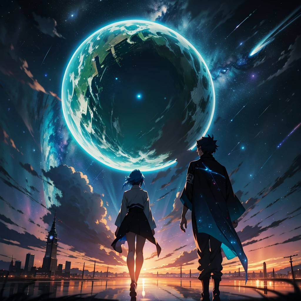 Beautiful sky anime scene with stars and planets, Space Sky. by Makoto Shinkai, anime art wallpaper 4k, 1 teal-haired woman, anime art wallpaper 4k, Anime Art Wallpapers 8K, anime wallpaper 4k, anime wallpaper 4k, 4k anime wallpaper, Anime Sky, Awesome Wallpapers, Anime Background, Heavenly planets in the background, Anime Background art, reflection, Quantum transitions, Knight costume, In the city tower.