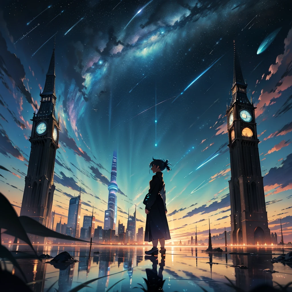 Beautiful sky anime scene with stars and planets, Space Sky. by Makoto Shinkai, anime art wallpaper 4k, 1 teal-haired woman, anime art wallpaper 4k, Anime Art Wallpapers 8K, anime wallpaper 4k, anime wallpaper 4k, 4k anime wallpaper, Anime Sky, Awesome Wallpapers, Anime Background, Heavenly planets in the background, Anime Background art, reflection, Quantum transitions, Knight costume, In the city tower.