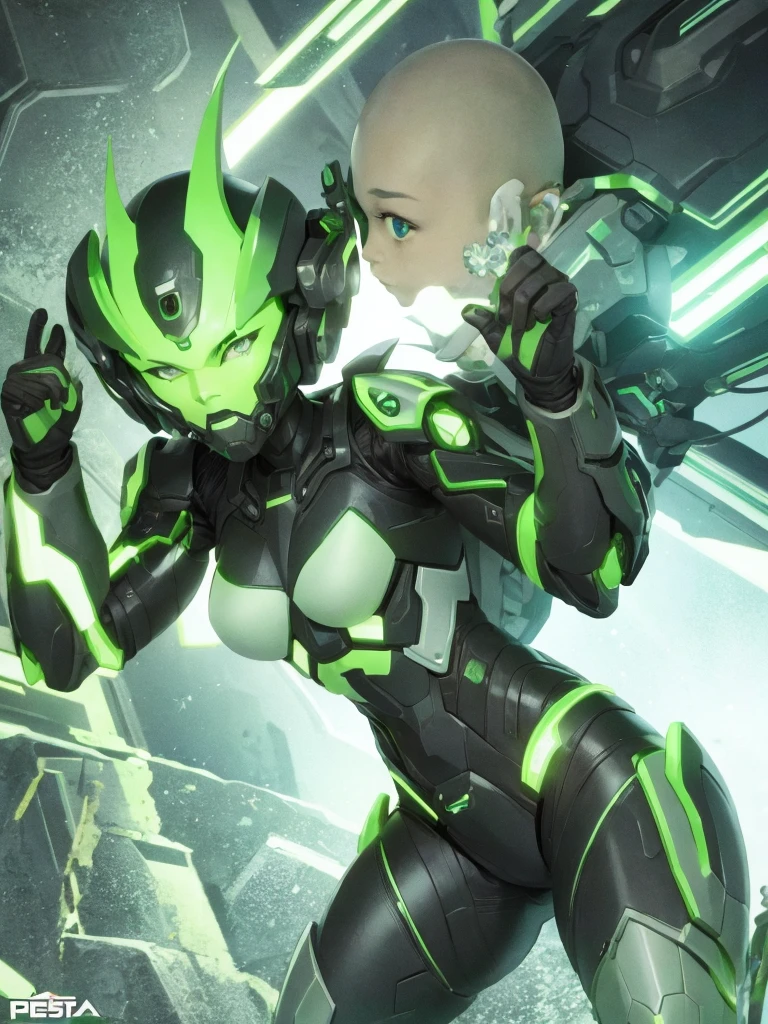Cute cyborg girl, ((bald)), full body, green synthetic skin, skimpy cyber armor, Green mechanical eyes. 