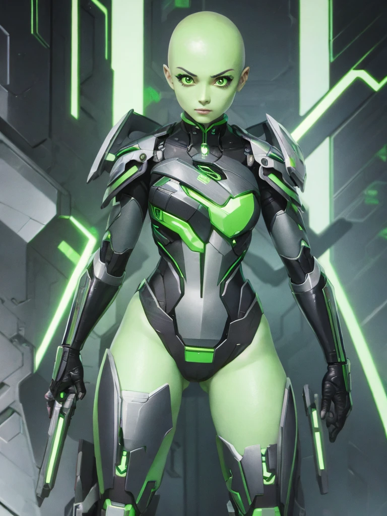Cute cyborg girl, ((bald)), full body, green synthetic skin, skimpy cyber armor, Green mechanical eyes.