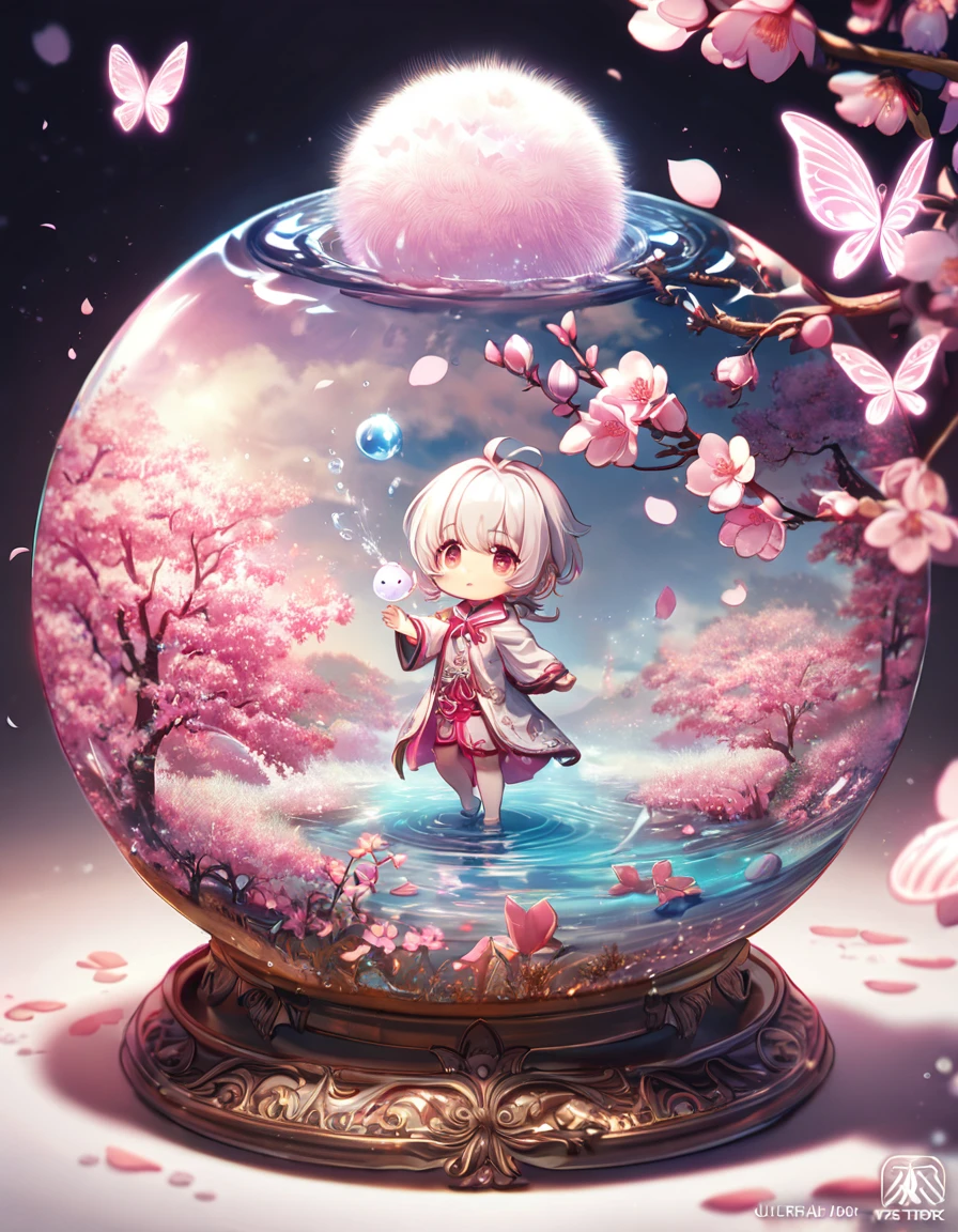 absurdres, highres, ultra detailed, HDR, master piece, best quality, extremely detailed, white hair ball, solo, cute, small, fantasy, magical, magic, pink butterflies, pink petals, pink flowers, water, blossoms
