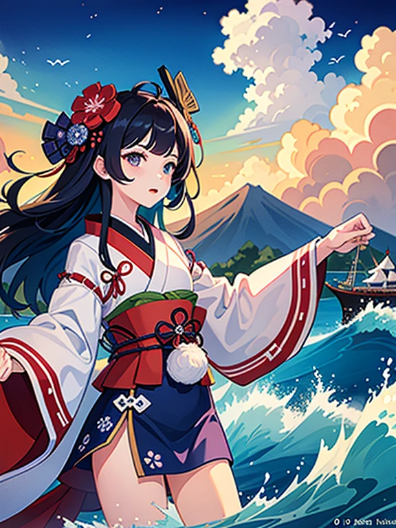 (Highest quality、masterpiece、High resolution、Official Art、8K)、Ukiyo-e、Katsushika Hokusai、Fuji Mountain、White waves of the sea、Boat、