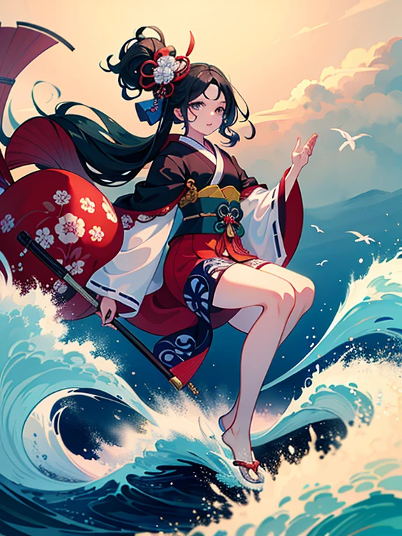 (Highest quality、masterpiece、High resolution、Official Art、8K)、Ukiyo-e、Katsushika Hokusai、Fuji Mountain、White waves of the sea、Boat、