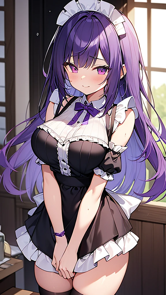 最high quality, high quality, Super detailed, 32k, Ultra-detailed details, (only, pretty girl, beautiful purple hair, Beautiful purple eyes, Big Breasts, A light smile, Red eyes, Off-the-shoulder sleeveless Summer clothes, Summer casual maid clothes, Short skirt, Blue and white color striped underwear, Black knee socks, My crotch is wet with love juice, 18-year-old,cute), {{A succubus strips off the face and clothes of a murdered maid and engages in intense vaginal sex with her master, bouncing her breasts.}}, She has transformed from a shy maid into a lewd one., A maid with her sister's face stuck on her face is vigorously pistoning her body, A maid who moves her body vigorously without caring if her breasts bounce, ((She straddles a sleeping man and has intense vaginal sex:1.5)), Cowgirl Sex, Super detailed, NSFW