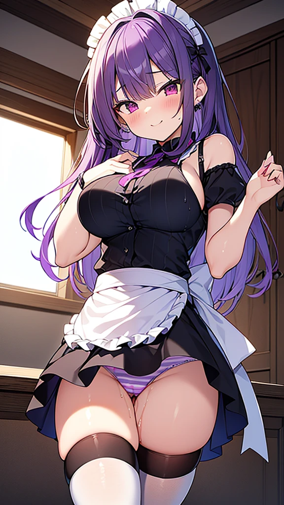 最high quality, high quality, Super detailed, 32k, Ultra-detailed details, (only, pretty girl, beautiful purple hair, Beautiful purple eyes, Big Breasts, A light smile, Red eyes, Off-the-shoulder sleeveless Summer clothes, Summer casual maid clothes, Short skirt, Blue and white color striped underwear, Black knee socks, My crotch is wet with love juice, 18-year-old,cute), {{A succubus strips off the face and clothes of a murdered maid and engages in intense vaginal sex with her master, bouncing her breasts.}}, She has transformed from a shy maid into a lewd one., A maid with her sister's face stuck on her face is vigorously pistoning her body, A maid who moves her body vigorously without caring if her breasts bounce, ((She straddles a sleeping man and has intense vaginal sex:1.5)), Cowgirl Sex, Super detailed, NSFW