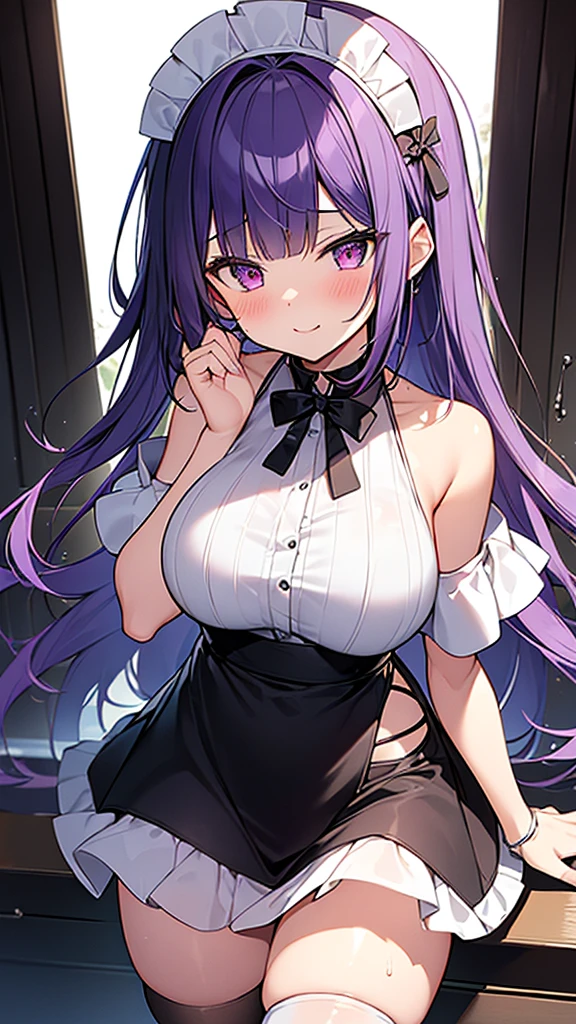 最high quality, high quality, Super detailed, 32k, Ultra-detailed details, (only, pretty girl, beautiful purple hair, Beautiful purple eyes, Big Breasts, A light smile, Red eyes, Off-the-shoulder sleeveless Summer clothes, Summer casual maid clothes, Short skirt, Blue and white color striped underwear, Black knee socks, My crotch is wet with love juice, 18-year-old,cute), {{A succubus strips off the face and clothes of a murdered maid and engages in intense vaginal sex with her master, bouncing her breasts.}}, She has transformed from a shy maid into a lewd one., A maid with her sister's face stuck on her face is vigorously pistoning her body, A maid who moves her body vigorously without caring if her breasts bounce, ((She straddles a sleeping man and has intense vaginal sex:1.5)), Cowgirl Sex, Super detailed, NSFW