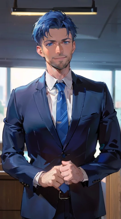 (best quality,4k,8k,highres,masterpiece:1.2),ultra-detailed,(realistic,photorealistic,photo-realistic:1.37),1 man,31 years old,mature man,very handsome,without expression,smile,short blue hair,blue eyes,penetrating gaze,perfect face without errors,imposing posture,businessman,office background,cinematic lighting,hdr image