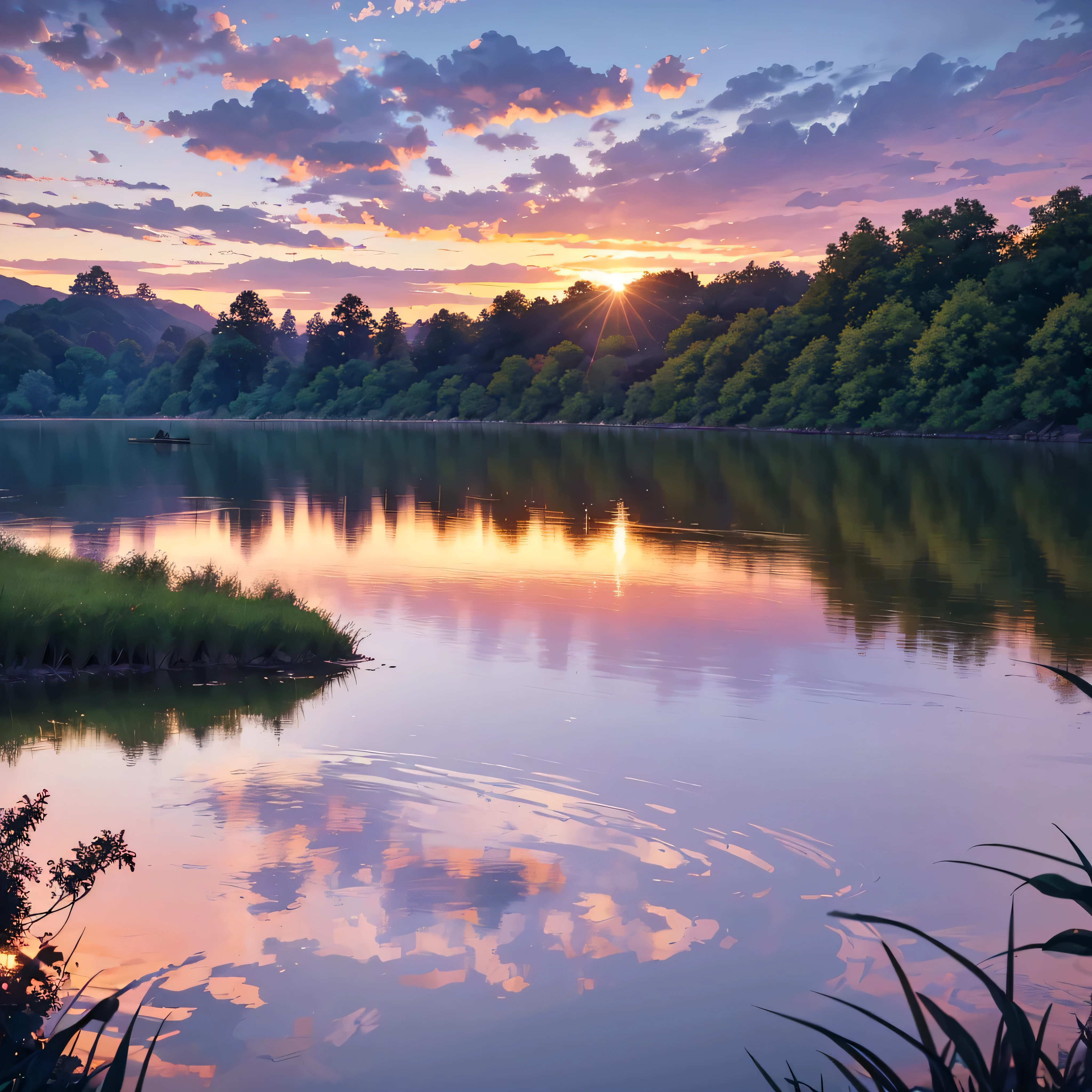 a beautiful purple sunset sky, a calm river, reflection of the sky in the water, lush green trees and foliage along the riverbank, a serene and peaceful landscape, highly detailed, 8k, photorealistic, cinematic lighting, vibrant colors, dramatic clouds, golden hour