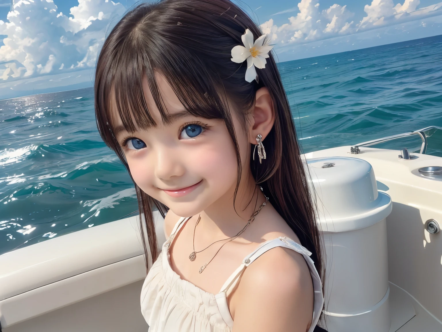 Small breasts、Earrings、necklace、Beautiful glowing white skin,、 bright, Refreshing and gentle look, Perfect beautiful pretty face, Shiny, straight, long hair down to the waist, Beautiful shiny bangs, （（Very beautiful and beautiful４Year old girl））, eyeliner, so perfect and beautiful, Big clear sky blue eyes, bright eye highlights、、Cute smile、Long eyelashes、Low waist、Low rise、Ocean、On the boat、Have a bold pose、Being at the edge of the waves、She is looking down from above、hot pants、16ｋ、Highest quality、