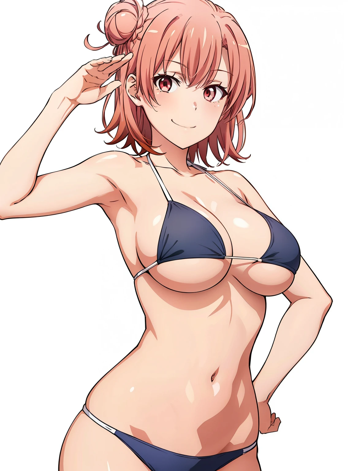 ((masutepiece, Best Quality, hight resolution, nffsw, Perfect Pixel, depth of fields, 4K, )), 1girl in, Solo, , Beautiful anime girl, Beautiful Art Style, close up, Looking at Viewer, Perfect body, Yuigahama Yui, Short hair, pink hair, hairbun, hair braid, (large boob), smiling, wink, winking, one eye open, america bikini, hand on hips, hand salute, blank white background, cowboy shot