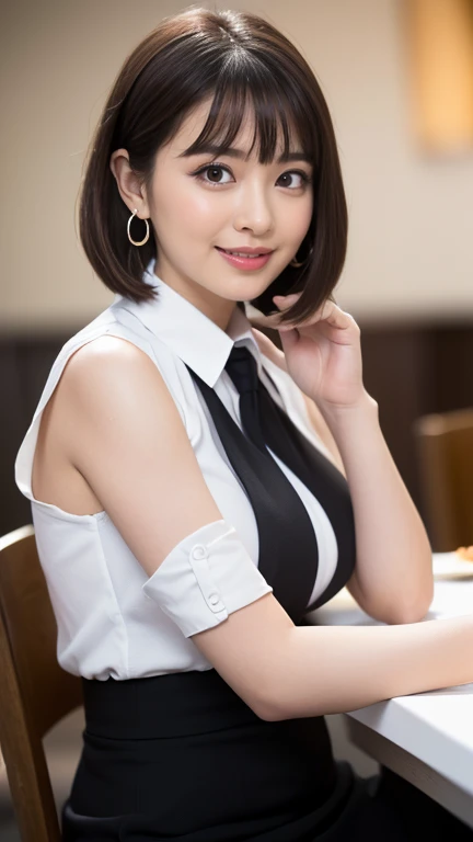 (masterpiece)、(Highest quality:1.5)、(Photorealistic:1.2)、(Surreal), (High resolution), (Realistic), (Post-processing),(Sharp focus), Sharp focus:1.2,Backlight, (Improvement of quality:1.4), (Narrow waist)、Big Ass、((Perfectly detailed five-fingered hands)),(Anatomically correct body)、((1 female:1.4))、Japanese、Realistic Skin、(Small chest:1.4)、Bust size is A cup、Pretty woman with perfect figure:1.4,(from the front:1.5), (Enhances the beauty of skin texture:1.1),No makeup、美しいBlack Hair、The best smile、Natural color lip、(Small Mouth:1.4)、The mouth is not open、Thick lips、(Oval Face)、Even bangs、Hide eyebrows with bangs、((33-year-old woman))、Bob Hair、Hair blowing in the wind, (Black Hair, Iris, Watery eyes, Shining Eyes, Bob Cut Hair, Small earrings,), Hair behind the ear、No makeup、(Drooping eyes)、(((One lovely woman)),((A big friendly smile)),(( Small breasts,Small breastsの谷間)),((((Plump Cheeks)))),((whole body:1.5)),very cute,(Baby Face),高級restaurantで、full-course dinner、Wine Party、Bright image、The beauty of wine, Beautiful Face, red wine 、Appetizers、Italian food、Wine bottle、Champagne、sparkling wine、(slimな顔), (The body is slim),restaurant, White wine, slim, wine glass, 中央に置かれたwine glass, Beautiful fine grain, Depth f/2,saturation, High Contrast, Strong light and shadow,Moist Body:1.5、3D texture、Delicate eyes、((In front of the food on the table:1.5))、White collar shirt and tie、erious expression