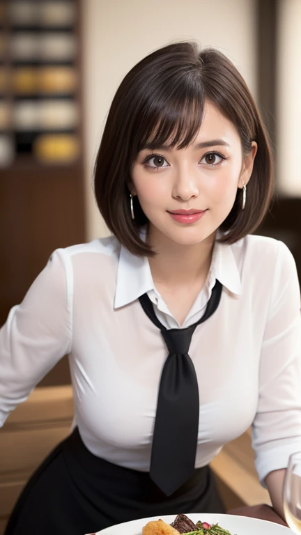 （masterpiece）、(Highest quality:1.5)、(Photorealistic:1.2)、(Surreal), (High resolution), (Realistic), (Post-processing),(Sharp focus), Sharp focus:1.2,Backlight, (Improvement of quality:1.4), (Narrow waist)、Big Ass、((Perfectly detailed five-fingered hands)),（Anatomically correct body）、((1 female:1.4))、Japanese、Realistic Skin、（Small chest：1.4）、Bust size is A cup、Pretty woman with perfect figure:1.4,(from the front:1.5), (Enhances the beauty of skin texture:1.1),No makeup、美しいBlack Hair、The best smile、Natural color lip、(Small Mouth:1.4)、The mouth is not open、Thick lips、(Oval Face)、Even bangs、Hide eyebrows with bangs、((33-year-old woman))、Bob Hair、Hair blowing in the wind, (Black Hair, Iris, Watery eyes, Shining Eyes, Bob Cut Hair, Small earrings,), Hair behind the ear、No makeup、(Drooping eyes)、(((One lovely woman)),((A big friendly smile)),(( Small breasts,Small breastsの谷間)),((((Plump Cheeks)))),((whole body：1.５)),very cute,(Baby Face),高級restaurantで、full-course dinner、Wine Party、Bright image、The beauty of wine, Beautiful Face,  red wine 、Appetizers、Italian food、Wine bottle、Champagne、sparkling wine、(slimな顔), (The body is slim),restaurant,  White wine, slim, wine gl, 中央に置かれたwine gl,  Beautiful fine grain, Depth f/2,saturation, High Contrast, Strong light and shadow,Moist Body:1.5、3D texture、Delicate eyes、((In front of the food on the table：1.5)）、White collar shirt and tie、erious expression