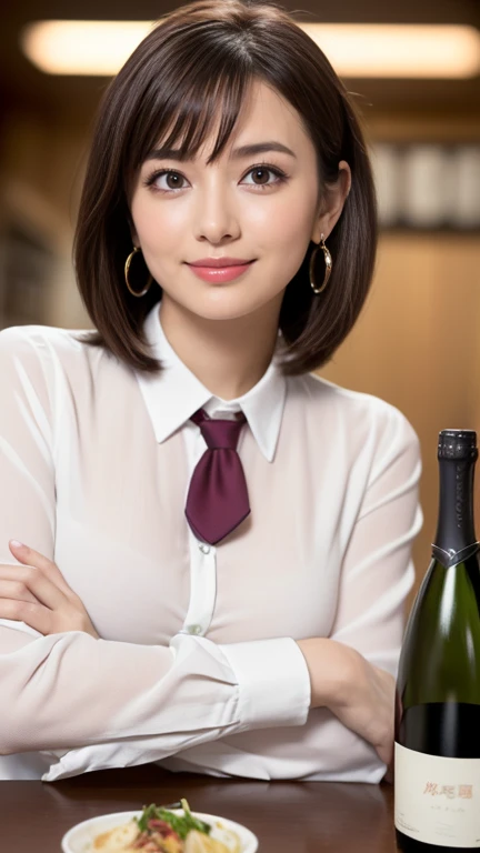 （masterpiece）、(Highest quality:1.5)、(Photorealistic:1.2)、(Surreal), (High resolution), (Realistic), (Post-processing),(Sharp focus), Sharp focus:1.2,Backlight, (Improvement of quality:1.4), (Narrow waist)、Big Ass、((Perfectly detailed five-fingered hands)),（Anatomically correct body）、((1 female:1.4))、Japanese、Realistic Skin、（Small chest：1.4）、Bust size is A cup、Pretty woman with perfect figure:1.4,(from the front:1.5), (Enhances the beauty of skin texture:1.1),No makeup、美しいBlack Hair、The best smile、Natural color lip、(Small Mouth:1.4)、The mouth is not open、Thick lips、(Oval Face)、Even bangs、Hide eyebrows with bangs、((33-year-old woman))、Bob Hair、Hair blowing in the wind, (Black Hair, Iris, Watery eyes, Shining Eyes, Bob Cut Hair, Small earrings,), Hair behind the ear、No makeup、(Drooping eyes)、(((One lovely woman)),((A big friendly smile)),(( Small breasts,Small breastsの谷間)),((((Plump Cheeks)))),((whole body：1.５)),very cute,(Baby Face),高級restaurantで、full-course dinner、Wine Party、Bright image、The beauty of wine, Beautiful Face,  red wine 、Appetizers、Italian food、Wine bottle、Champagne、sparkling wine、(slimな顔), (The body is slim),restaurant,  White wine, slim, wine glass, 中央に置かれたwine glass,  Beautiful fine grain, Depth f/2,saturation, High Contrast, Strong light and shadow,Moist Body:1.5、3D texture、Delicate eyes、((In front of the food on the table：1.5)）、White collar shirt and tie、erious expression