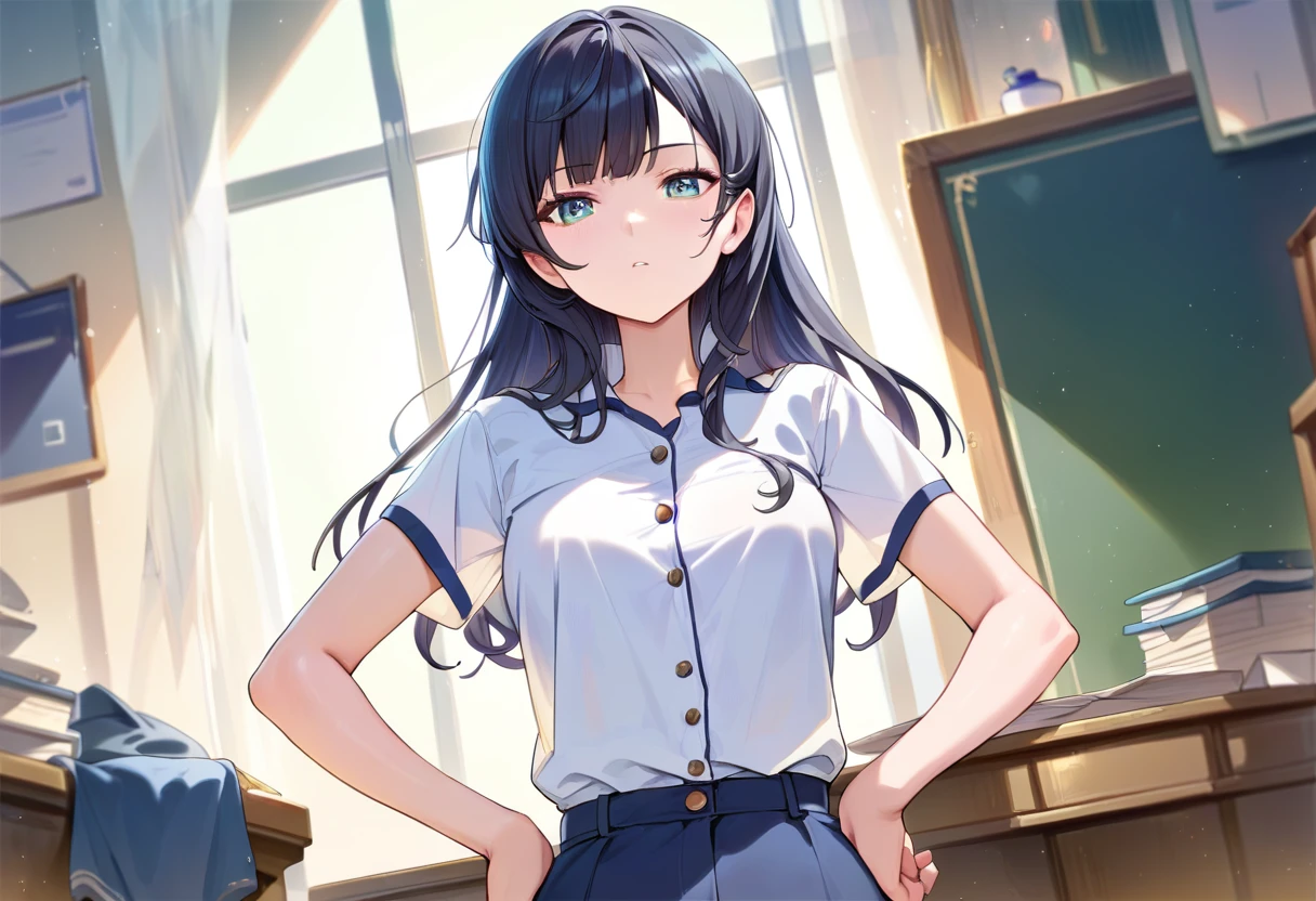 score_8_up, masterpiece, best quality, 1girl, solo, in a study room, sitting at a desk, black long hair, short sleeve shirt, hands on hips, facing viewer, staring, 