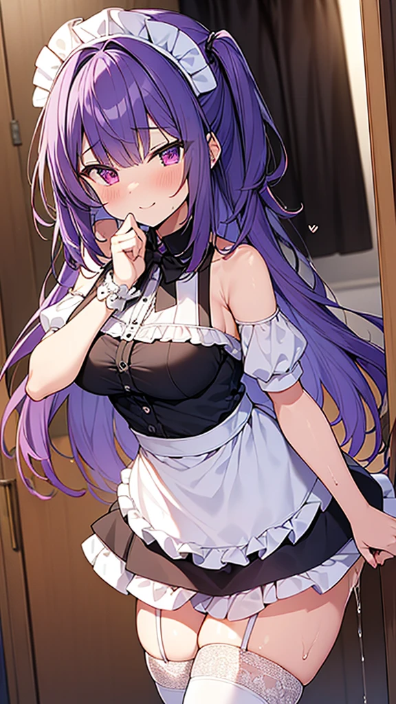 最high quality, high quality, Super detailed, 32k, Ultra-detailed details, (only, pretty girl, beautiful purple hair, Beautiful purple eyes, Big Breasts, A light smile, Red eyes, Off-the-shoulder sleeveless Summer clothes, Summer casual maid clothes, Short skirt, Blue and white color striped underwear, Black knee socks, My crotch is wet with love juice, 18-year-old,cute), {{A succubus strips off the face and clothes of a murdered maid and engages in intense vaginal sex with her master, bouncing her breasts.}}, She has transformed from a shy maid into a lewd one., A maid with her sister&#39;s face stuck on her face is vigorously pistoning her body, A maid who moves her body vigorously without caring if her breasts bounce, ((She straddles a sleeping man and has intense vaginal sex:1.5)), Cowgirl Sex, Biological, NSFW