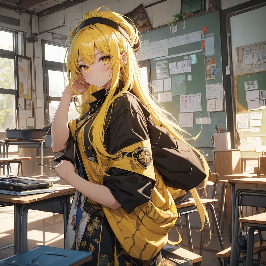最high quality、best image quality、masterpiece、girl((20-year-old、sexy, By becomin, big bust,、thin,highest valley, snake girl, yellow eyes, hair(black, yellow locs)), high quality、beautiful art、background((classroom))、flight、debris flies、Depth of written boundary、movie、visual art、perfect art、8K,genuine、
