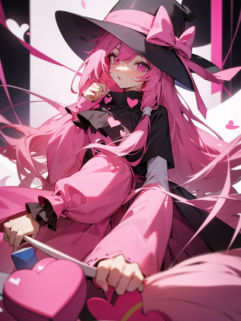 Pink long hair, black hat, pink eyes, gift, pink outfit, heart